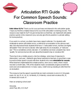 Preview of FREE SAMPLE: Articulation RTI Guide For Common Speech Sounds: Classroom Practice