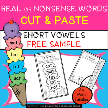 Preview of Short Vowel-Real or Nonsense Words Cut&Paste w/ Digital Option Distance Learning