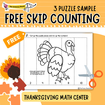 Preview of FREE SAMPLE Thanksgiving Cut & Glue Number Puzzle Math Center | Skip Counting