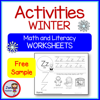 Preview of FREE SAMPLE WINTER Math and Literacy WORKSHEETS Preschool Kindergarten