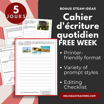 Preview of FREE French Writing Warm-Up Journal Cahier d'écriture 5 DAYS of FUN Prompts