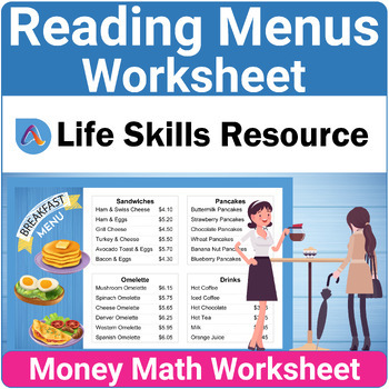 Preview of Free Menu Math Special Education Life Skills Money Math Worksheet