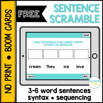 Preview of FREE Sentence Scramble BOOM Cards™️ Speech Therapy Distance Learning