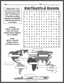 Preview of FREE Seven Continents & Oceans Word Search Puzzle Worksheet Activity