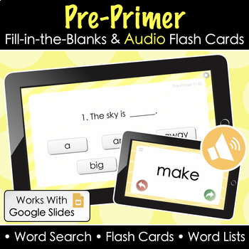 Preview of FREE Sight Words Pre-Primer Google Slides Fill-in Quiz + Audio Flashcards