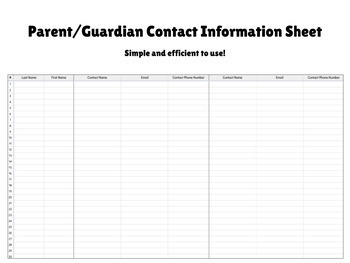 Preview of FREE Simple Student Parent/Guardian Contact Sheet - Editable!