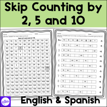 Preview of FREE Skip Counting by 2, 5 and 10 Worksheets Contar de 2 en 2, 5 en 5, 10 en 10