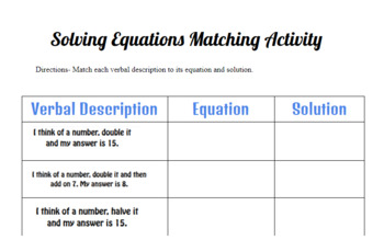 Preview of FREE Solving Equations Matching Activity- Virtual