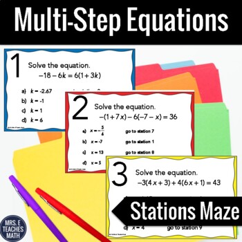 Preview of FREE Solving Multi-Step Equations Stations Maze Activity