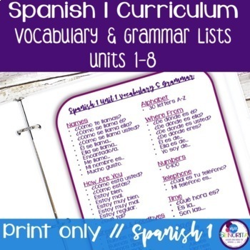 Preview of FREE Spanish 1 Curriculum Units 1-8 Vocabulary and Grammar Lists