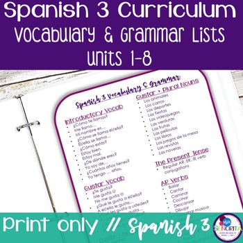 Preview of FREE Spanish 3 Curriculum Unit 1 Vocabulary and Grammar List