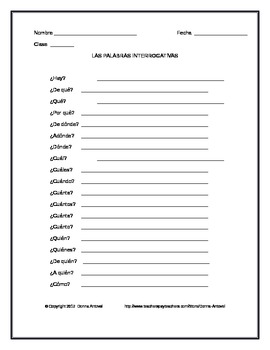 Preview of FREE Spanish Question Word List