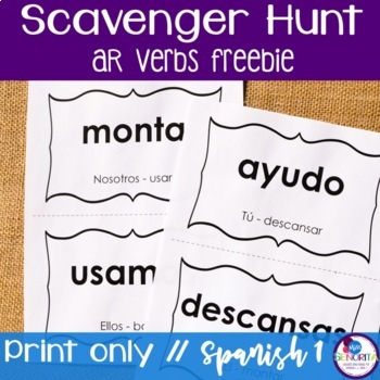 Preview of FREE Spanish Scavenger Hunt - present tense AR verbs review activity