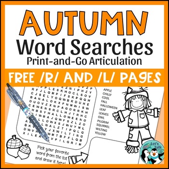 Preview of FREE Speech Therapy Fall Word Searches for Articulation
