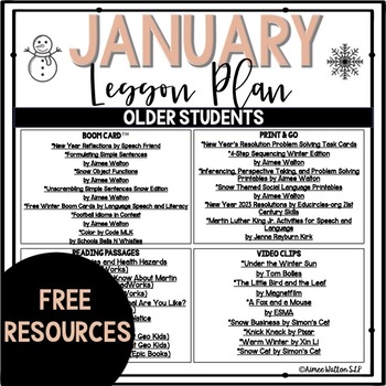 Preview of FREE Speech Therapy January Lesson Plan for Older Students