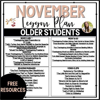 Preview of FREE Speech Therapy November Lesson Plan for Older Students