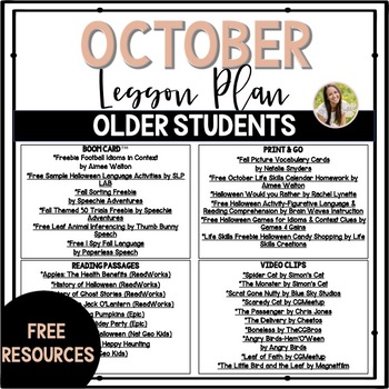 Preview of FREE Speech Therapy October Lesson Plan for Older Students