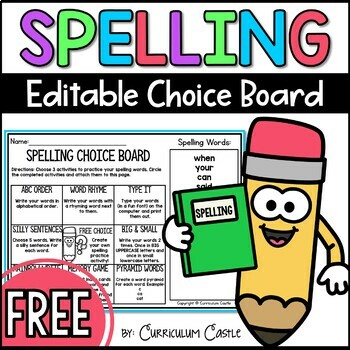Preview of FREE Spelling Choice Board Menu Editable Activities
