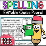 FREE Spelling Choice Board Menu Editable Activities