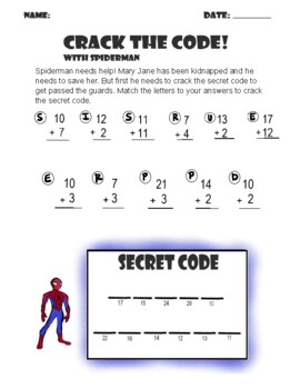 Preview of FREE Spiderman Addition Worksheet (crack the code)