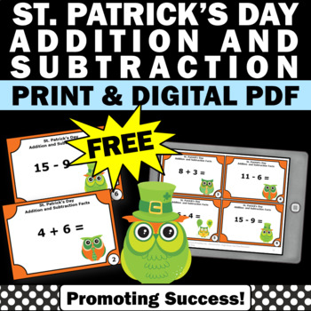 Preview of FREE St Patricks Day Math Activities Games Addition and Subtraction Task Cards