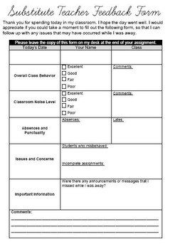 Free Substitute Teacher Feedback Form By The Classroom Sparrow Tpt