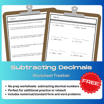 Preview of FREE: Subtracting Decimals Worksheets - Word+Number Problems