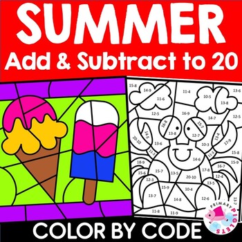 Preview of SPRING SUMMER Color by Number Code Addition Subtraction Within 20 Coloring Pages
