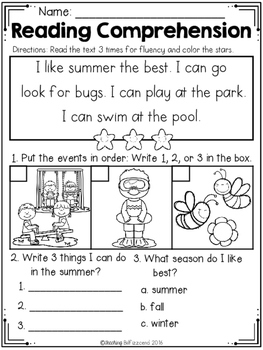 free kindergarten reading comprehension summer edition tpt