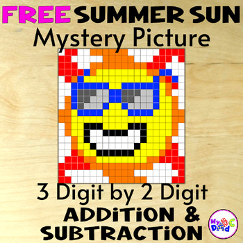 Preview of FREE 3 Digit by 2 Digit Addition and Subtraction Summer Sun Mystery Picture