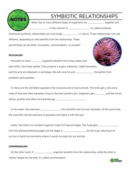 Preview of FREE Symbiotic Relationships Guided Notes | Pairs with YT Video | Answer Key