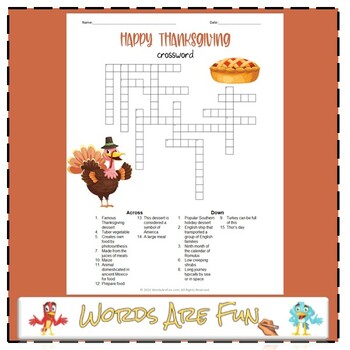 Preview of FREE THANKSGIVING Crossword Puzzle Handout Fun Activity