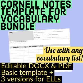 Preview of Vocabulary Cornell Notes w/ ELL support! Editable DOCX, PDF!