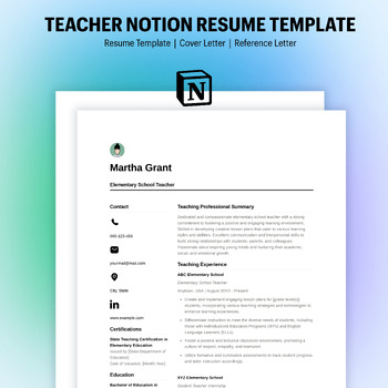 Preview of FREE Teacher Notion Resume Template + Matching Cover Letter & Reference Letter
