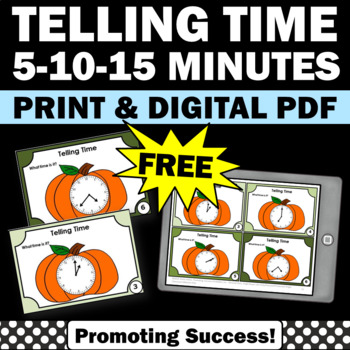 Preview of FREE Thanksgiving Telling Time to the Hour Half Hour Minute Fall Math Task Cards
