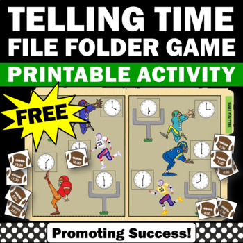 Preview of FREE Telling Time to the Half Hour Math File Folder Game Fall Football Theme