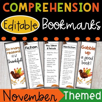 Preview of FREE Thanksgiving Bookmarks - Comprehension Bookmarks - Editable