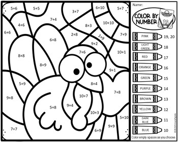 FREE Thanksgiving Color by Number Code Addition Math Coloring Worksheet