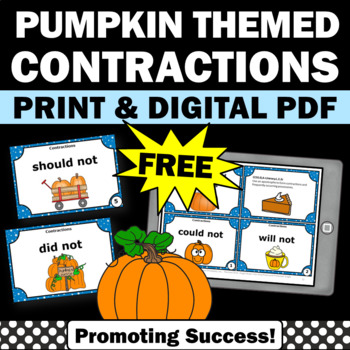 Preview of FREE Thanksgiving Grammar Task Cards Contractions Literacy Centers Stations ELA