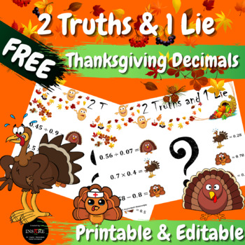 Preview of FREE Thanksgiving Math 2 Truths & a Lie Decimals Turkeys Error Analysis EDITABLE