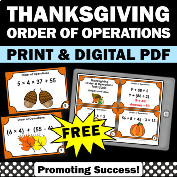Preview of FREE Fall Thanksgiving Math Centers Stations Order of Operations Task Cards