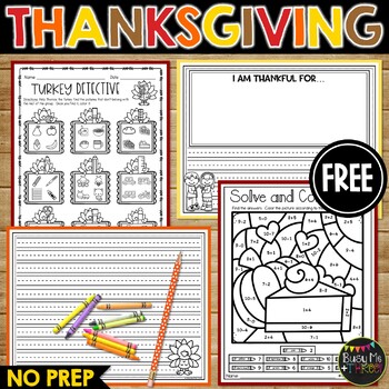 Preview of FREE Thanksgiving No Prep Fun Writing Pages and Coloring Sheet Color by Number