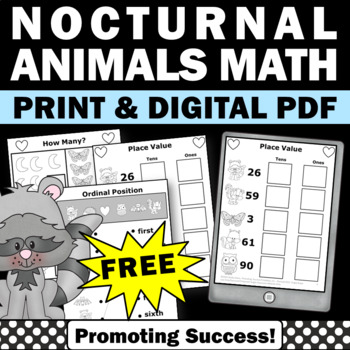 Preview of FREE The Kissing Hand Activities Nocturnal Animals Kindergarten 1st Grade Math