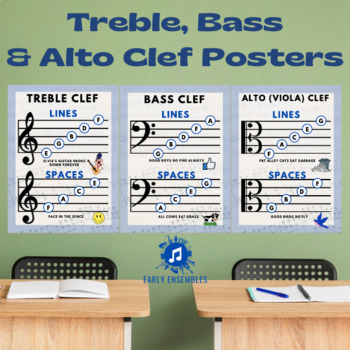 Preview of FREE - Treble, Bass and Alto (Viola) Clef - Lines and Spaces, 3 Wall Posters