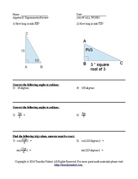 Preview of FREE Trig Review for Algebra II #2