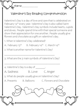 Preview of FREE VALENTINE'S DAY READING COMPREHENSION AND FUN ACTIVITIES
