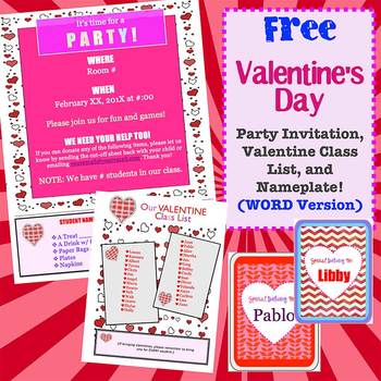 Preview of FREE Valentine Party, Name Plate, and Class List Templates - WORD
