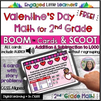 Preview of FREE Valentine's Day Math | Boom & Scoot Cards | Addition & Subtraction to 1000