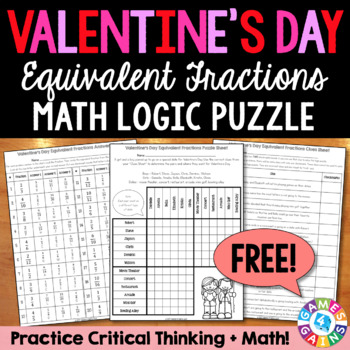 Preview of FREE Valentine's Day Math Equivalent Fractions Fun Logic Puzzle 4th 5th Grade