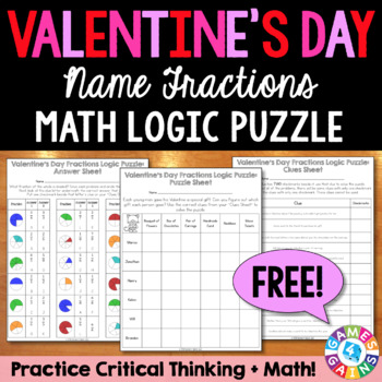 Preview of FREE Valentine's Day Math Fractions Logic Puzzle Fun Packet 2nd 3rd 4th Grade
